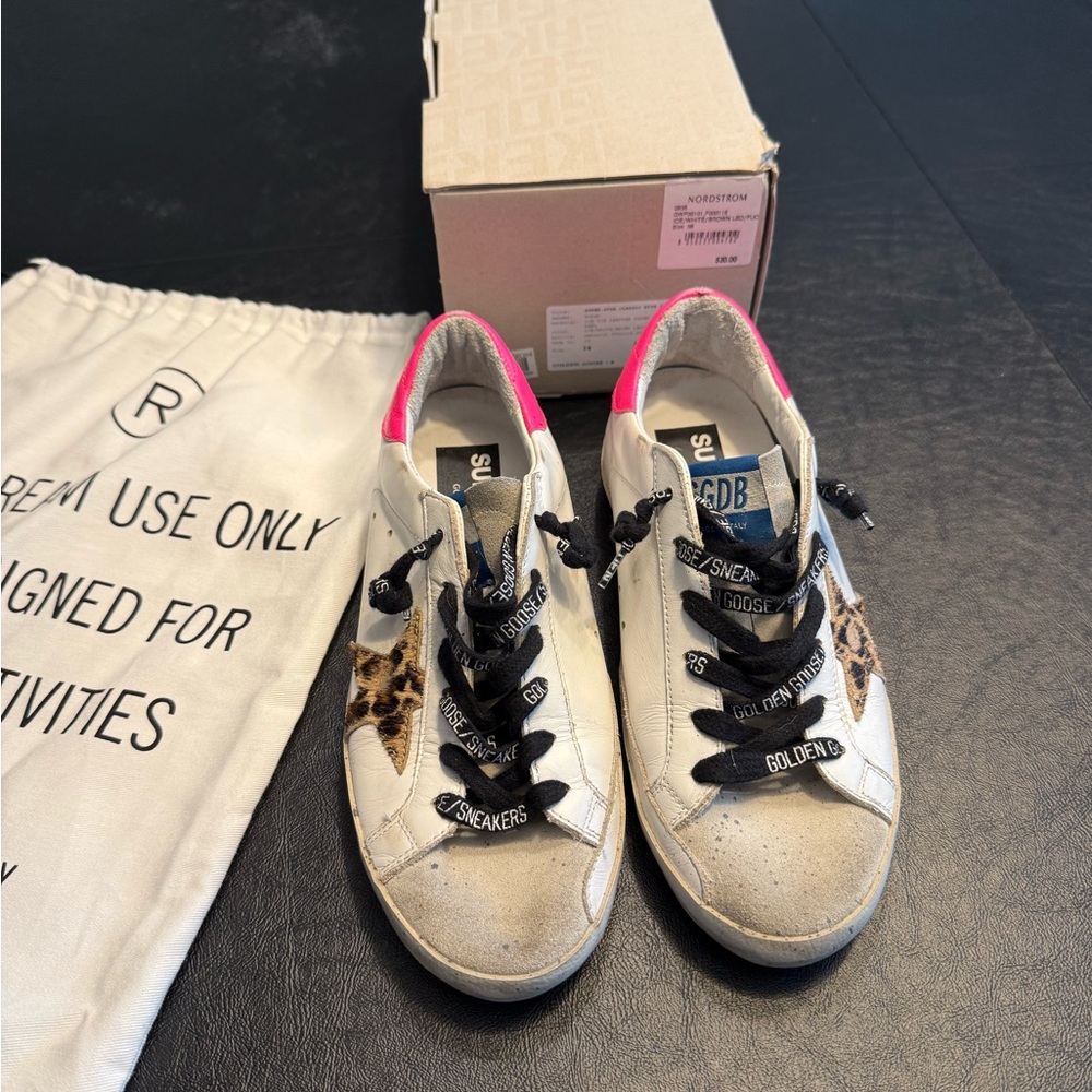 Golden Goose White Sneakers with Pink Heel and Leopard Star